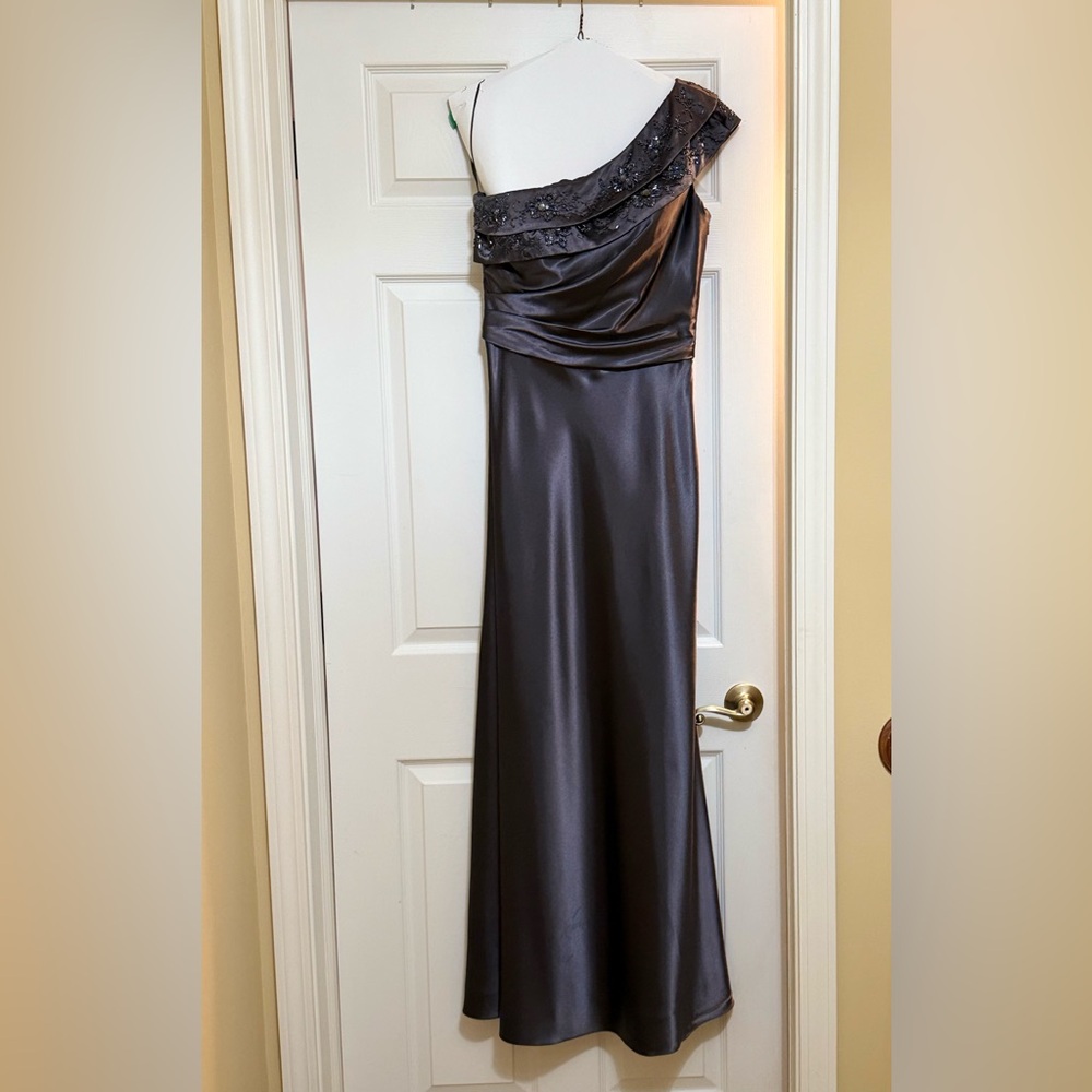 Patra Elegant Charcoal Gray One Shoulder Full Length Sleek Formal Dress
